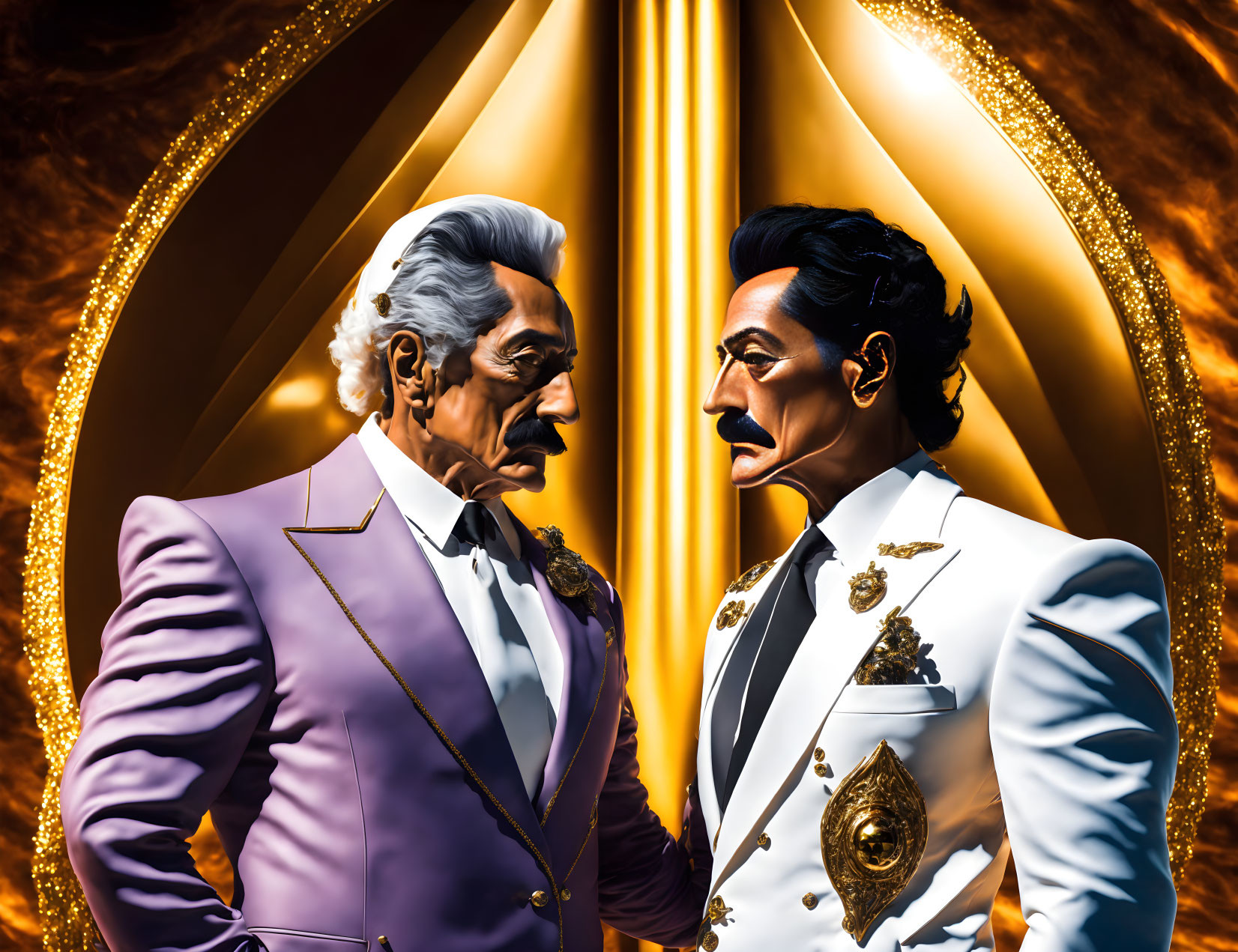 Stylized gentlemen in opulent attire with golden background