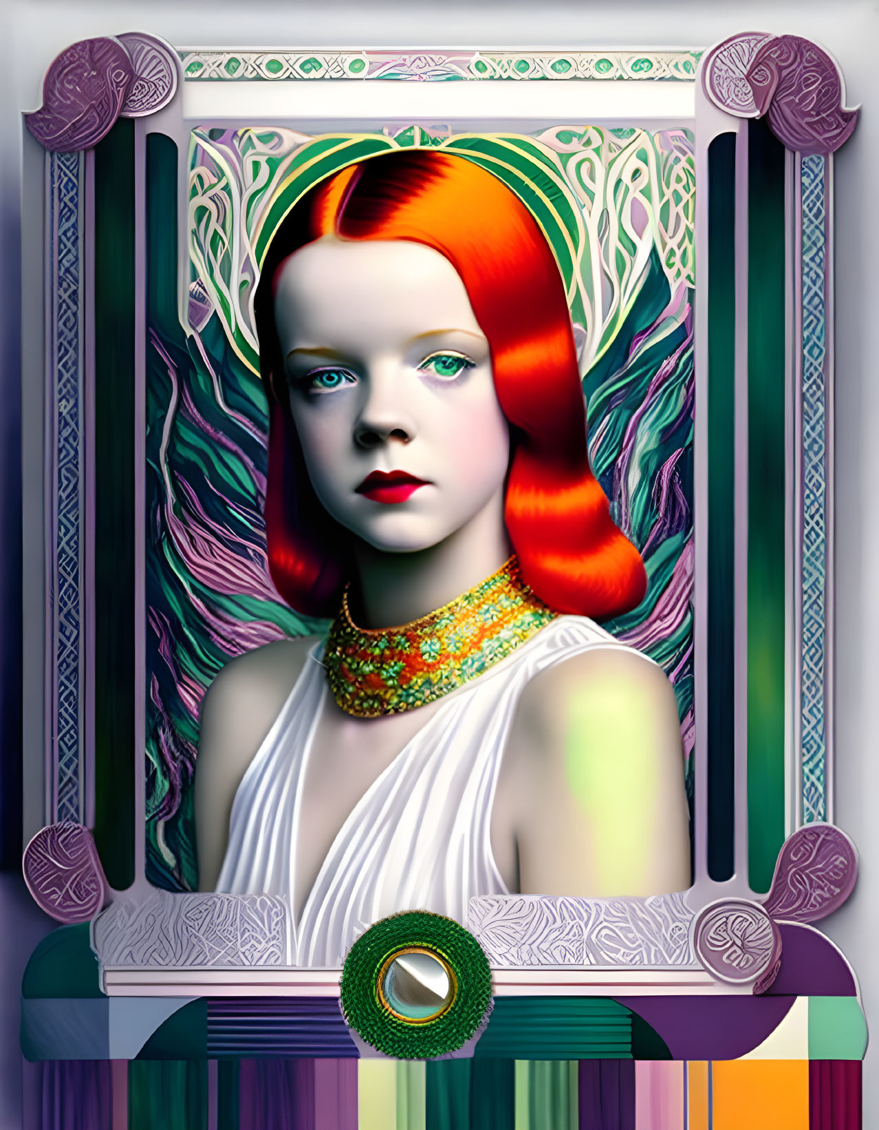 Vibrant red-haired woman in Art Nouveau digital artwork