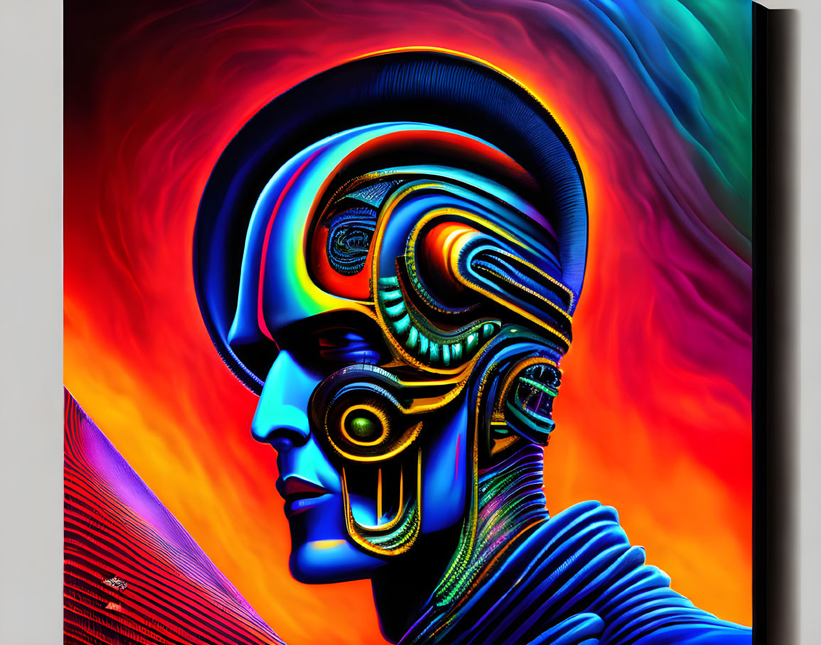 Vibrant digital art: humanoid with mechanical elements in abstract backdrop.