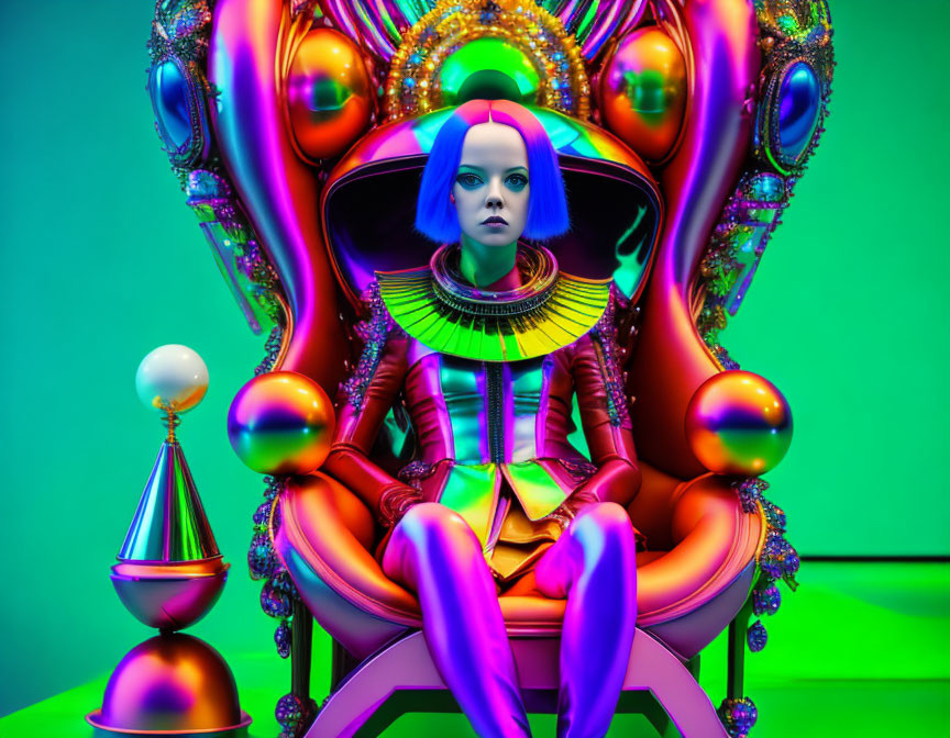 Blue-haired woman on ornate throne in surreal setting with futuristic vibe