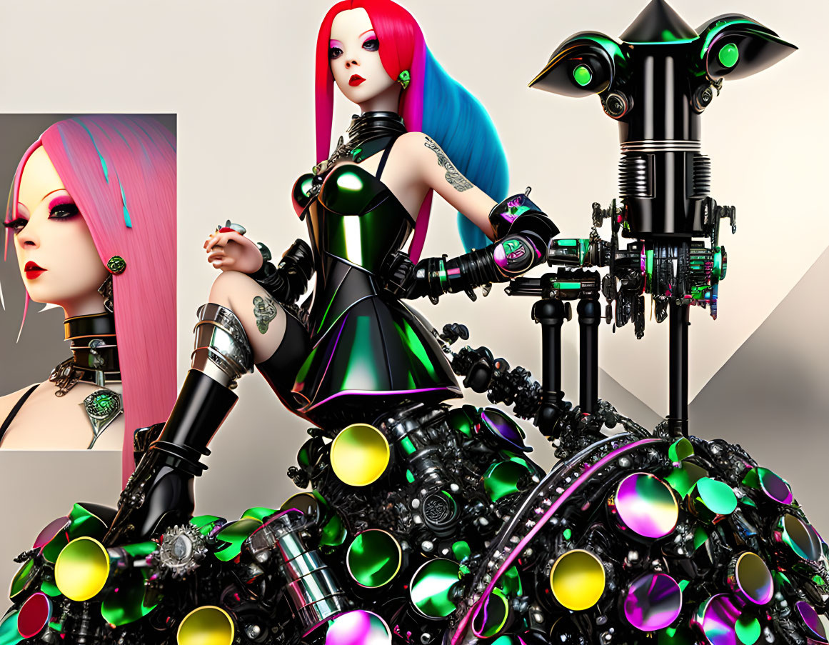 Futuristic digital art: Woman with pink and blue hair in black armor on mechanical throne