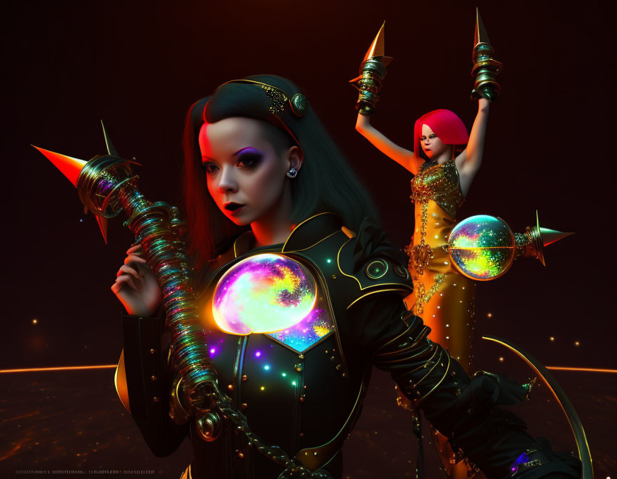 Stylized women in futuristic armor with glowing orbs on dark fiery background