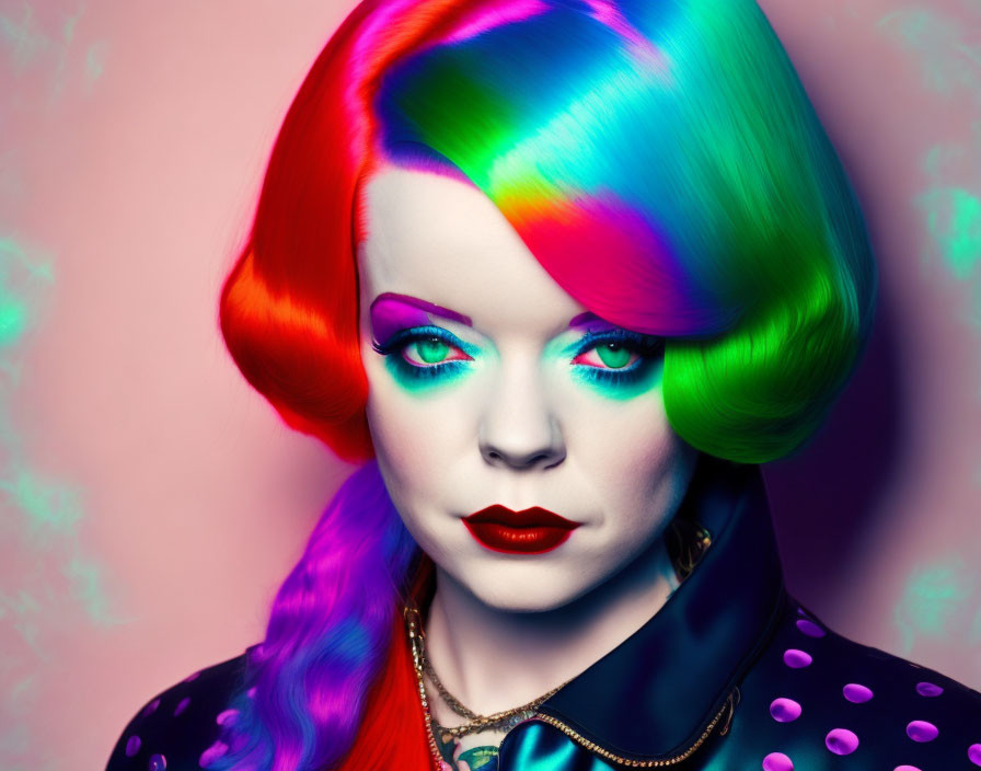 Multicolored hair and bold makeup on woman against pink background