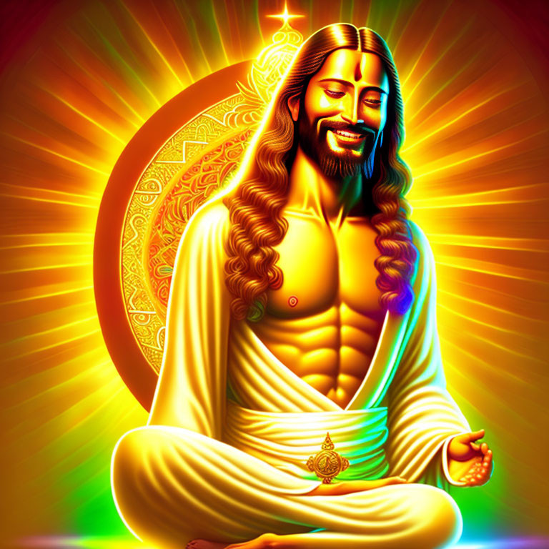 Colorful digital artwork: Meditating figure with long hair and glowing aura in traditional attire against mandala