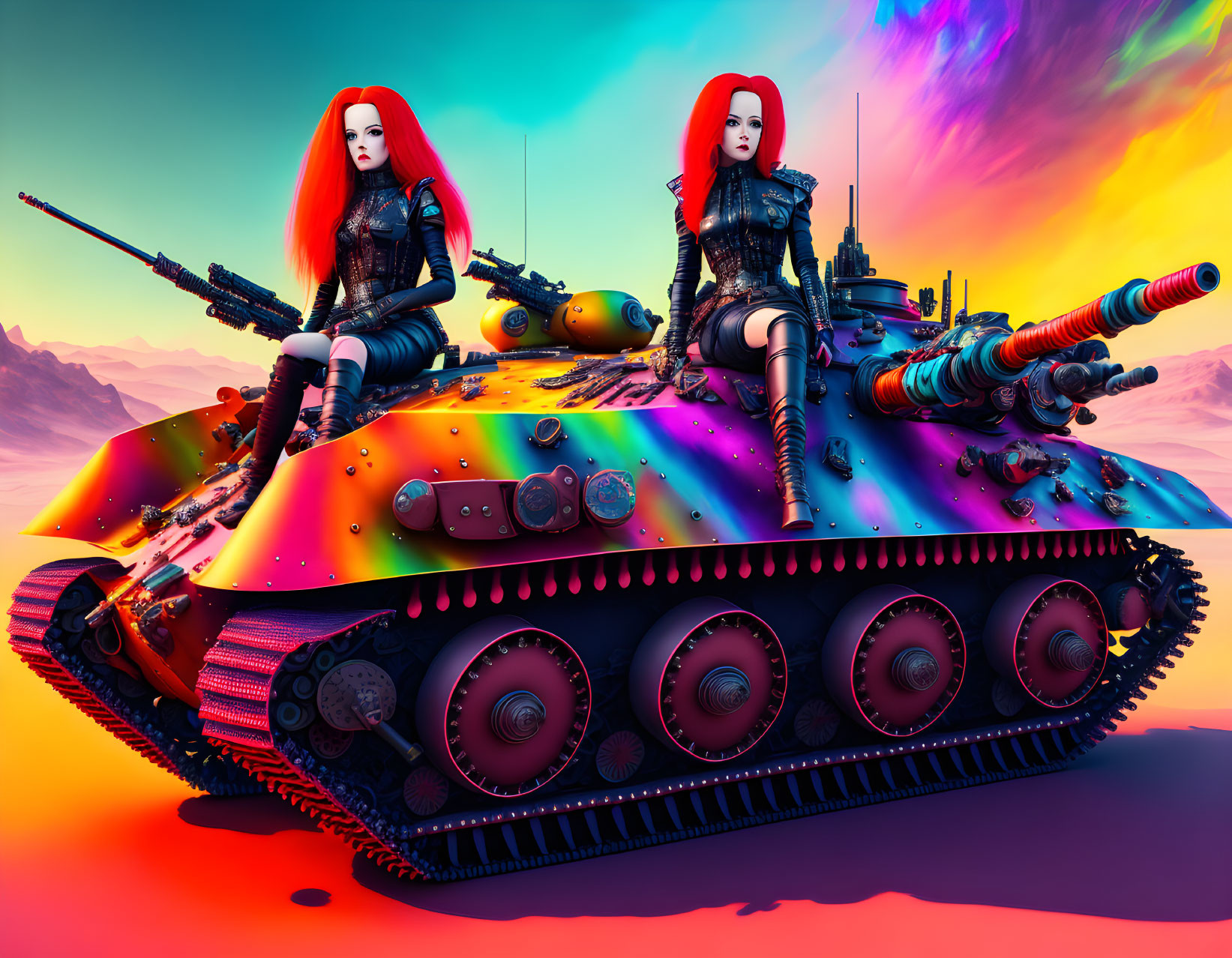 Two Red-Haired Women in Futuristic Armor on Colorful Tank