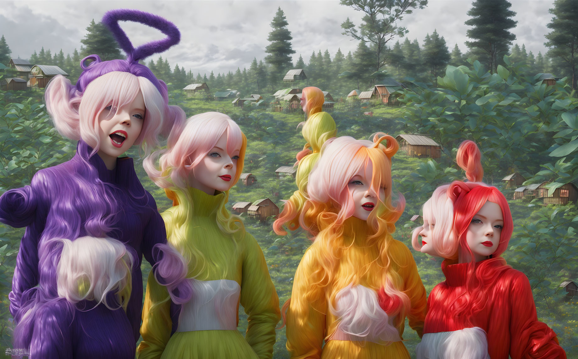 Colorful Anime Characters with Rabbit Ears in Forest