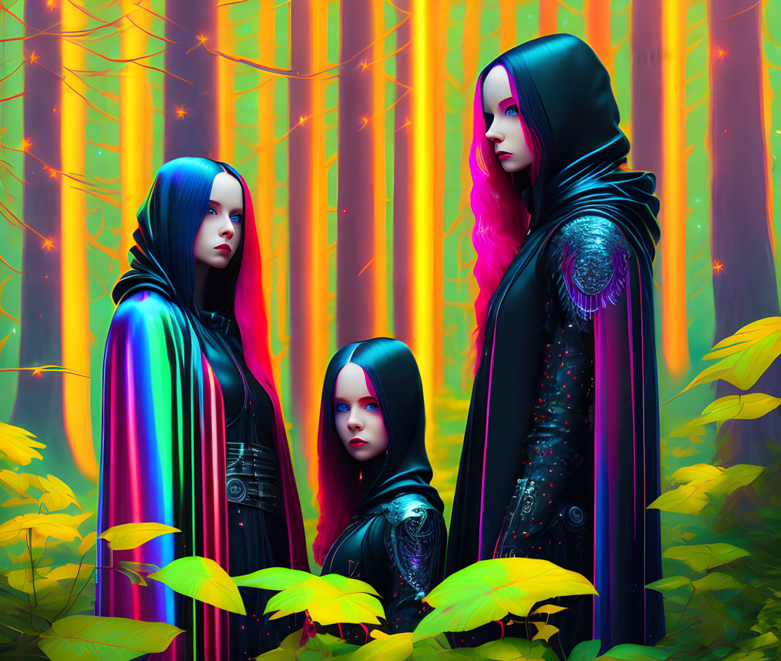 Futuristic figures in neon forest with intricate cloaks