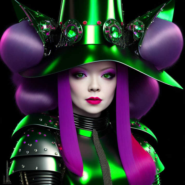 Female Figure in Purple Hair, Green Armor & Crystal-Adorned Hat