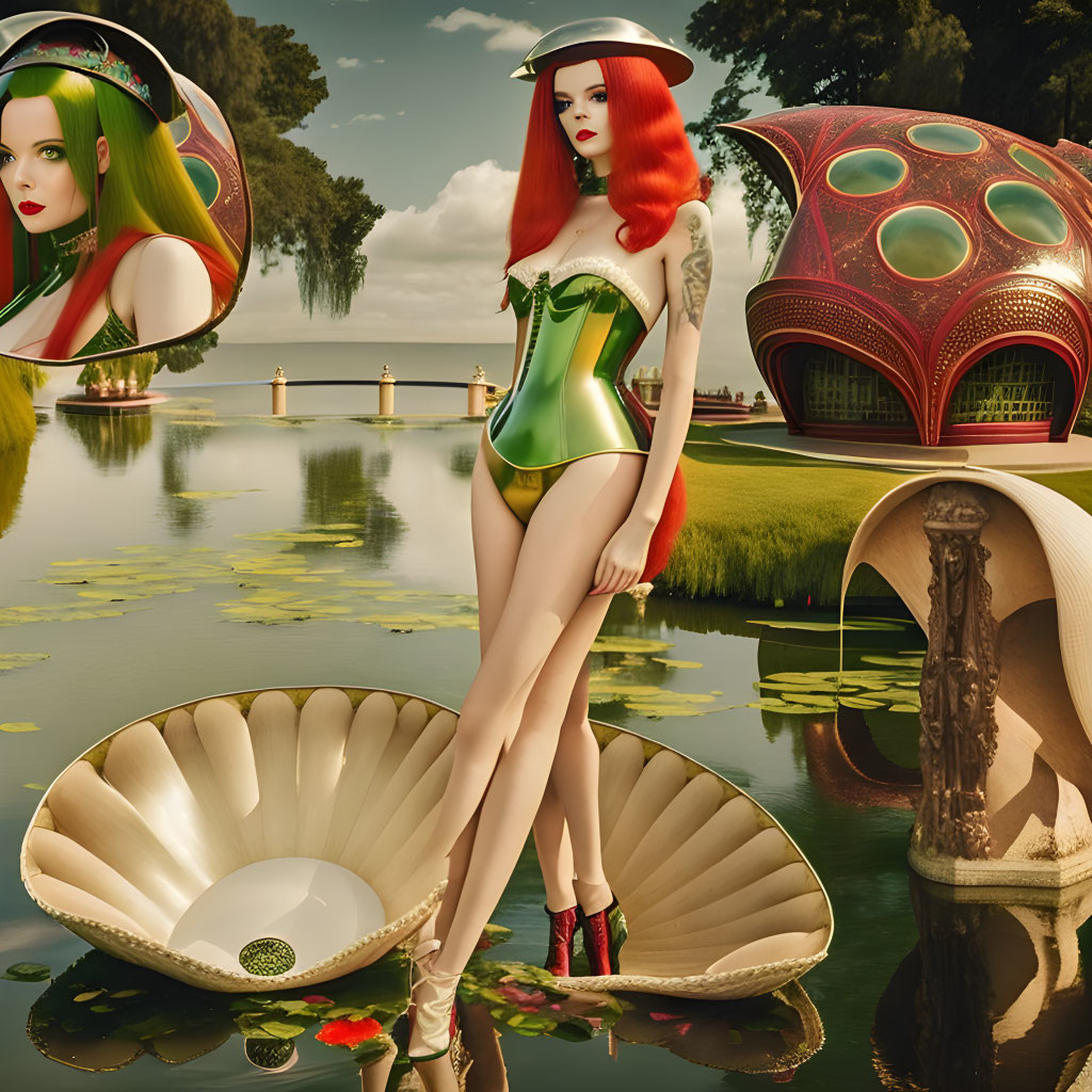 Red-haired woman in green bodysuit near giant shell at lake with futuristic buildings.