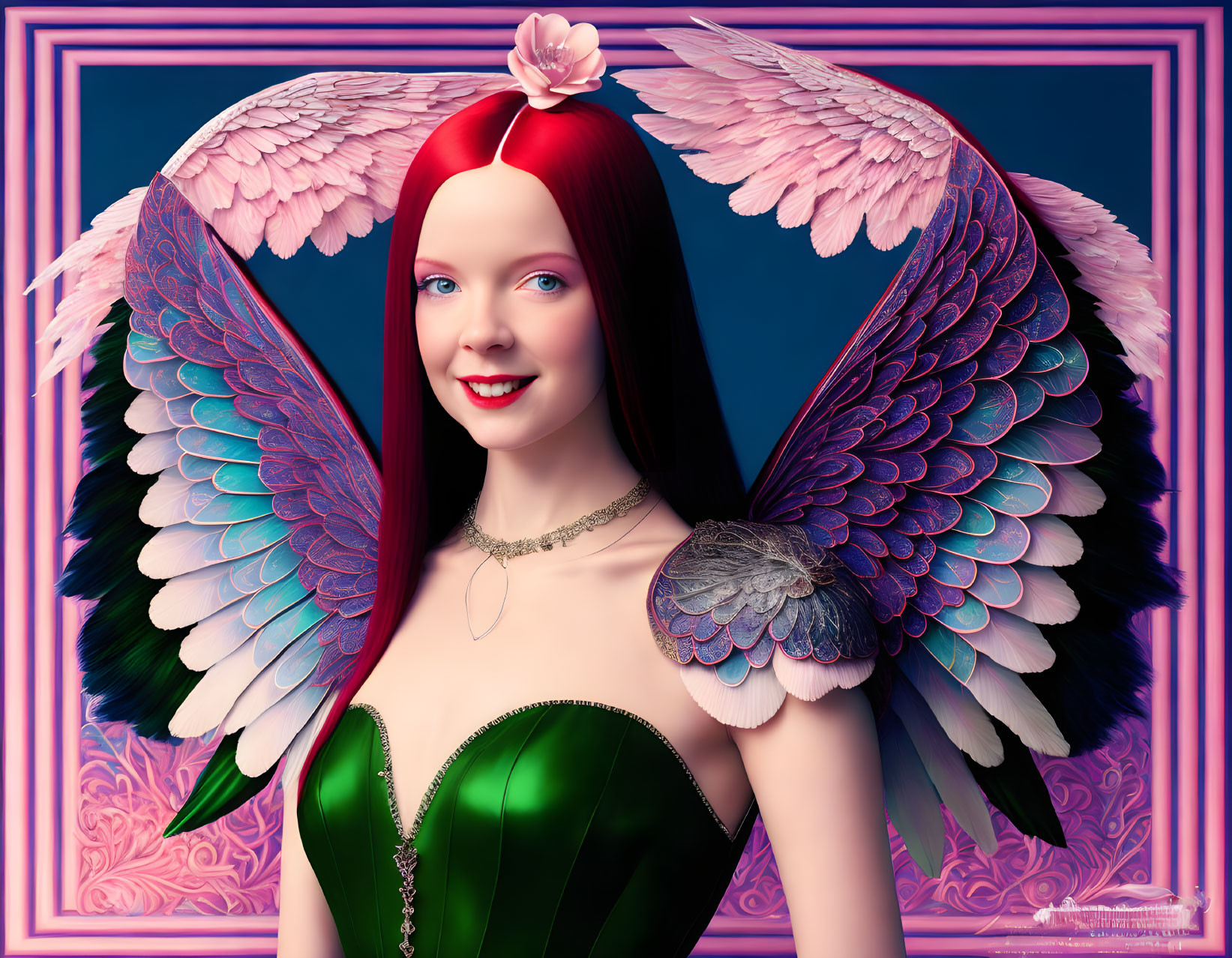 Digital artwork: Woman with red hair, green dress, multicolored angel wings on blue and pink