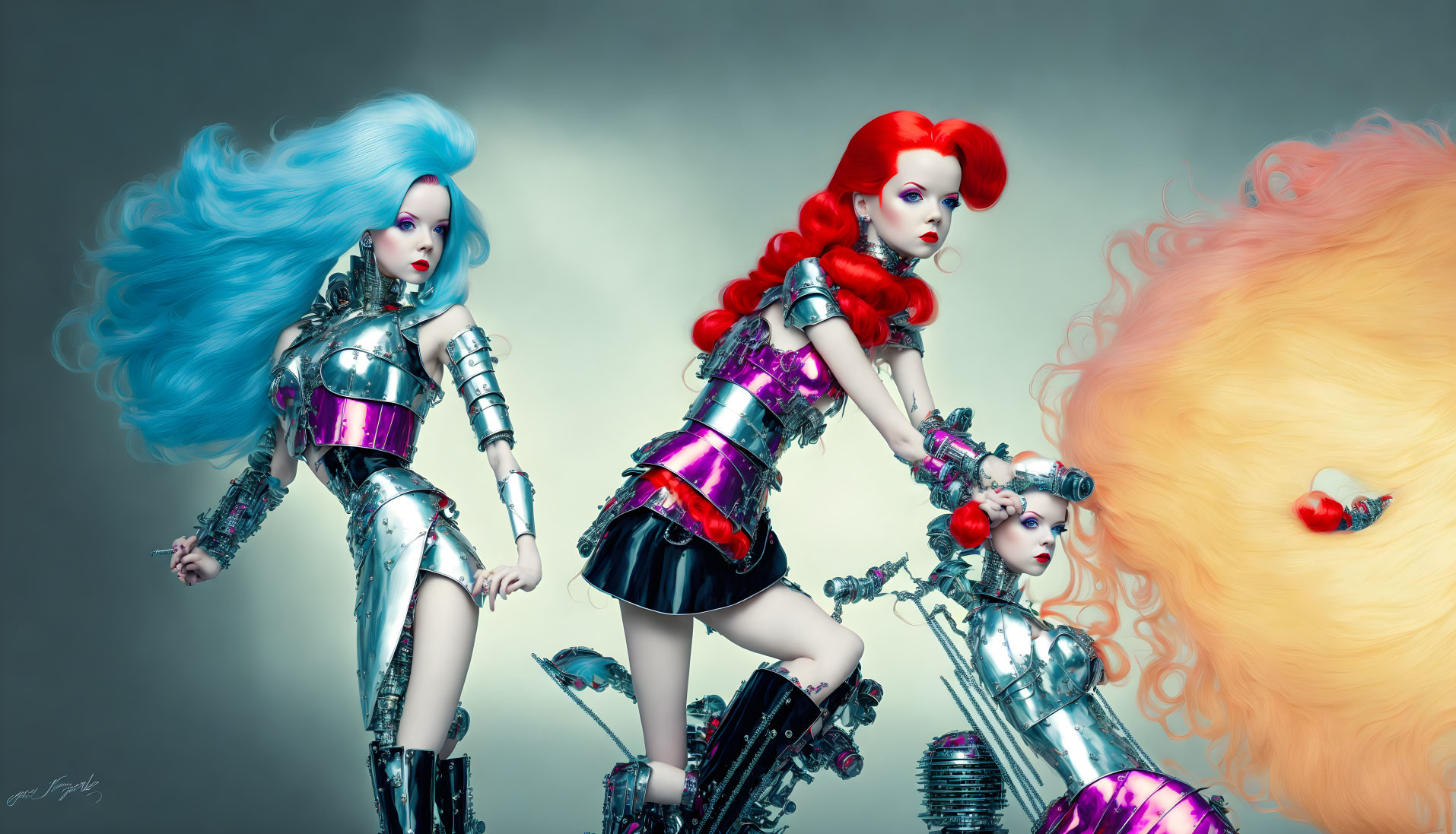Vibrant blue, red, and yellow hair on futuristic female figures in metallic armor pose against muted