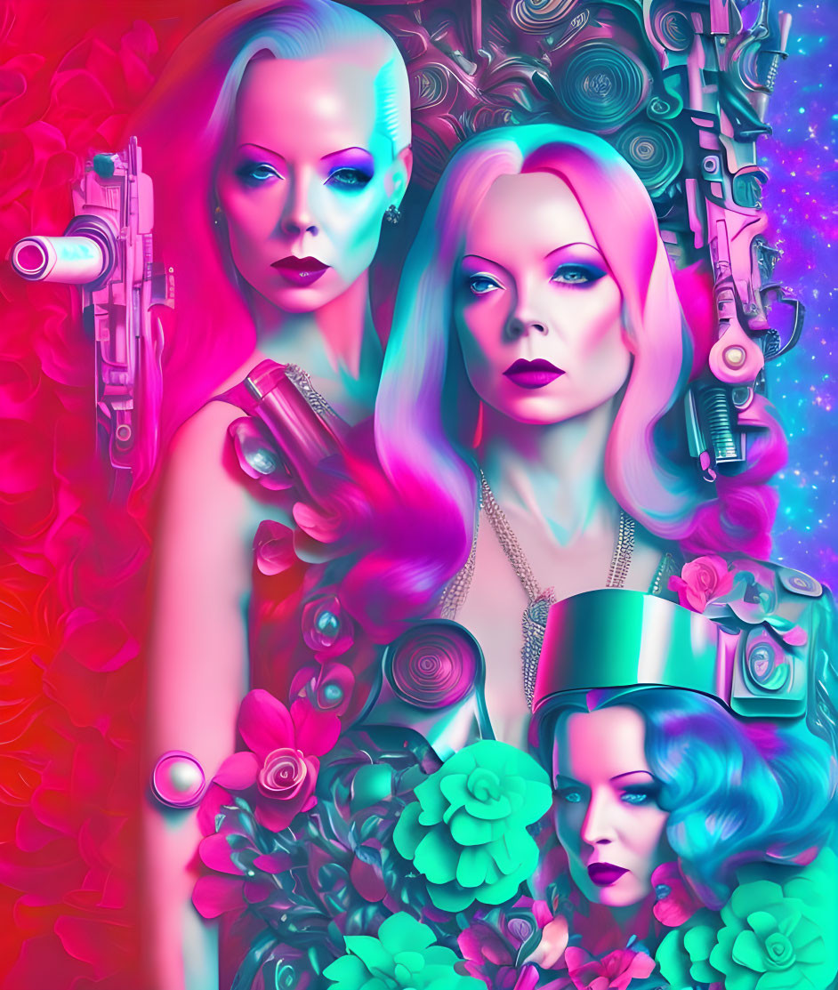 Three women with stylized hair and makeup in cyberpunk-inspired artwork.