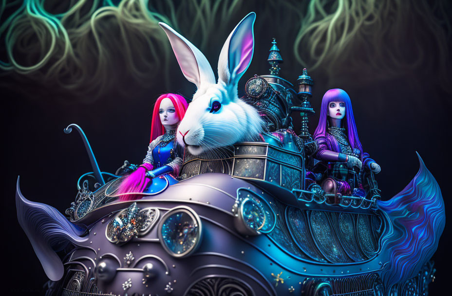 Fantasy dolls riding steampunk vehicle with rabbit driver in ethereal setting