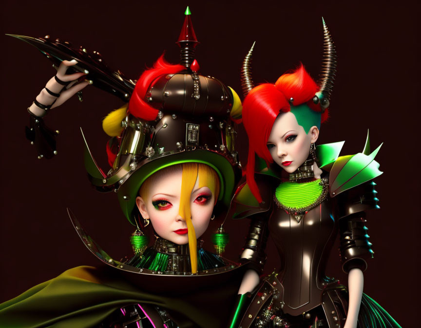 Stylized futuristic female characters with elaborate headgear and colorful hair on dark background