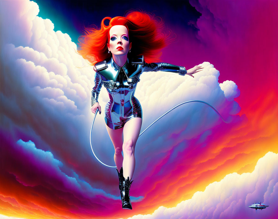 Colorful illustration: Woman with red hair in futuristic outfit reaching out in surreal clouds with spaceship.