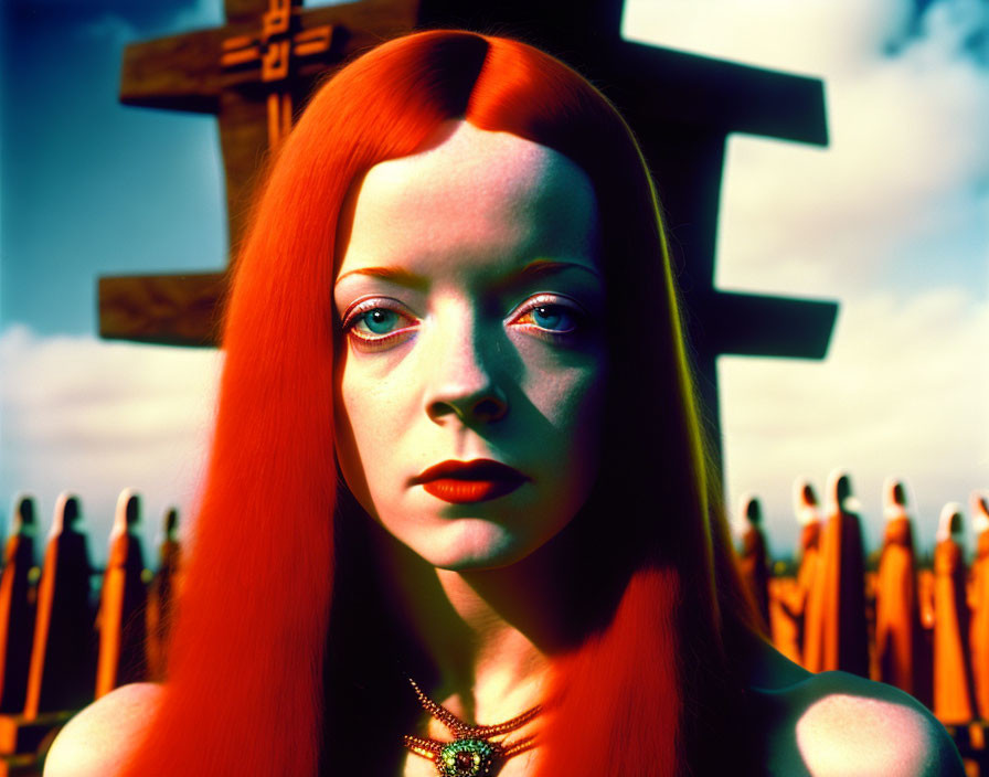 Red-haired woman in front of orange-cloaked crowd with cross-like structure in the sky