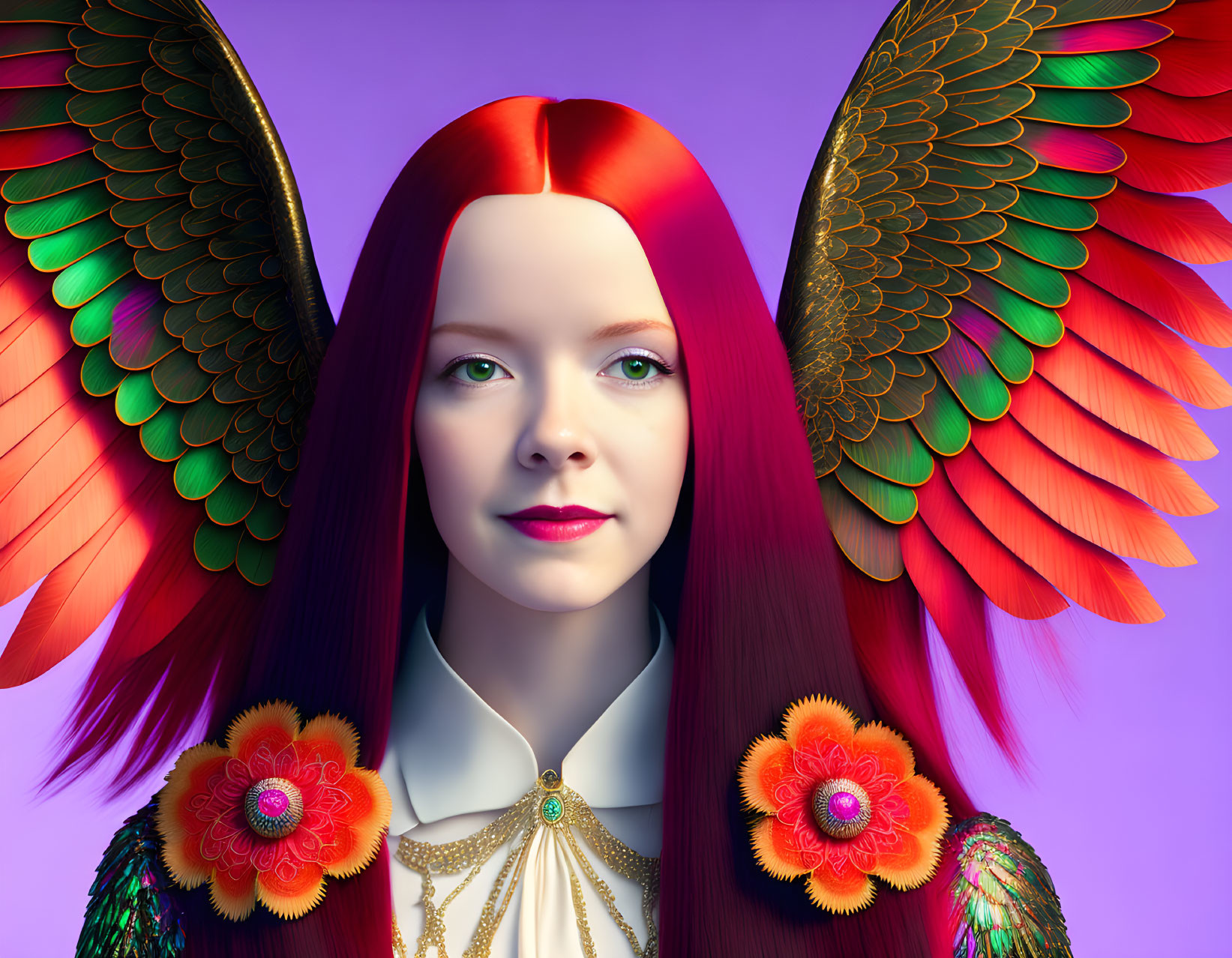 Vibrant digital artwork of a woman with red hair, blue eyes, colorful wings, gold-tr