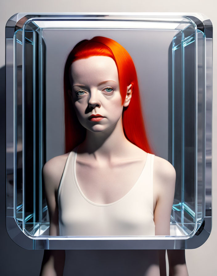 Striking Red-Haired Woman in Illuminated Glass Frame