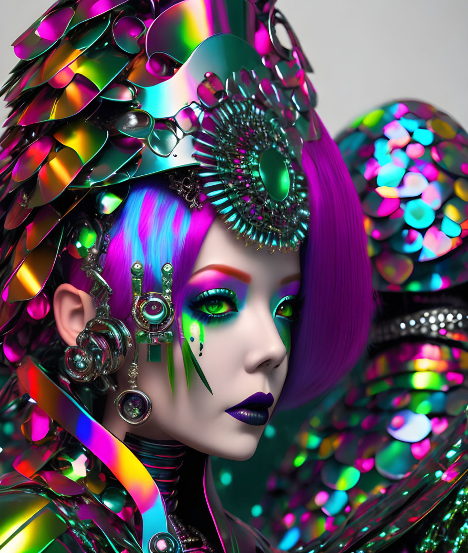 Colorful 3D illustration of female figure in purple hair and iridescent armor