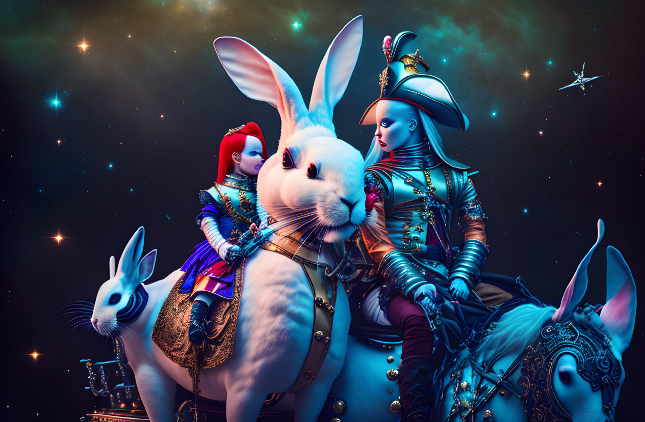 Fantastical armored characters riding giant rabbits in starry space backdrop