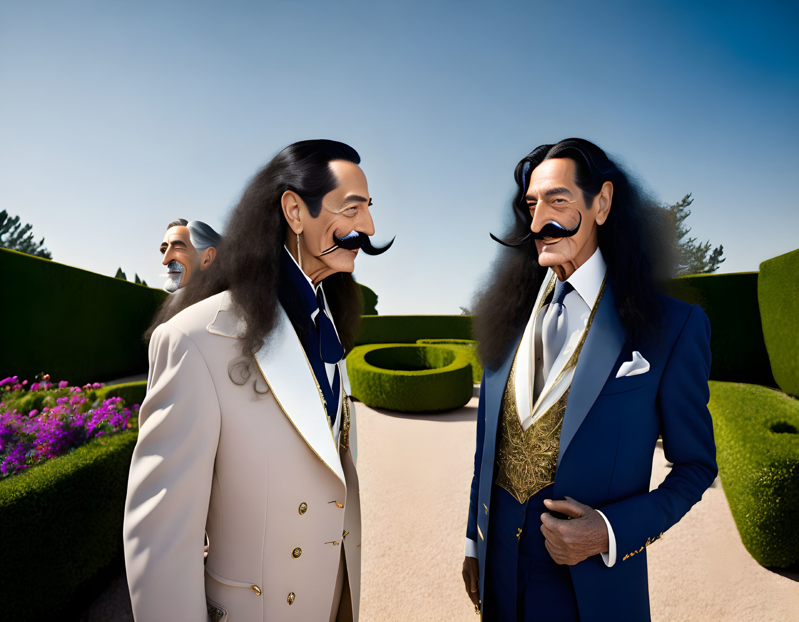 Stylized men in suits with exaggerated features in a manicured garden