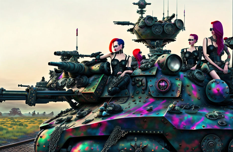 Colorful-haired women on armed tank in serene field at dusk