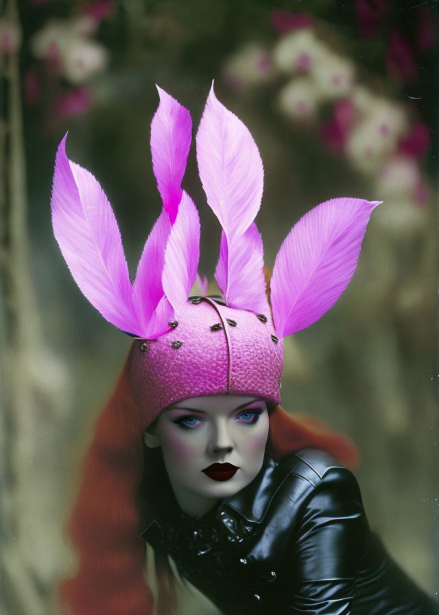 Striking makeup and pink feather headpiece on person against floral backdrop