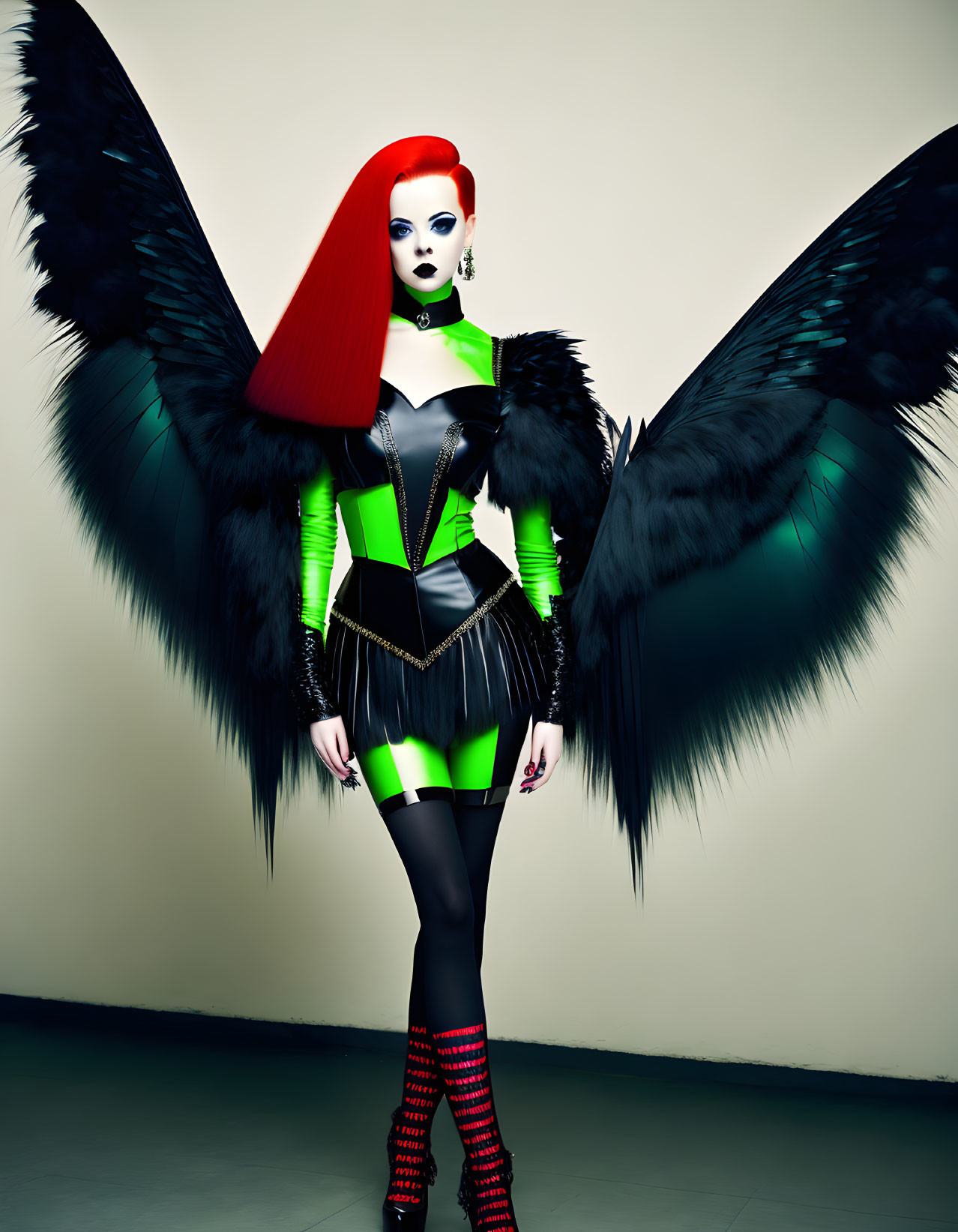Red-haired figure in black wings and dramatic makeup against pale backdrop