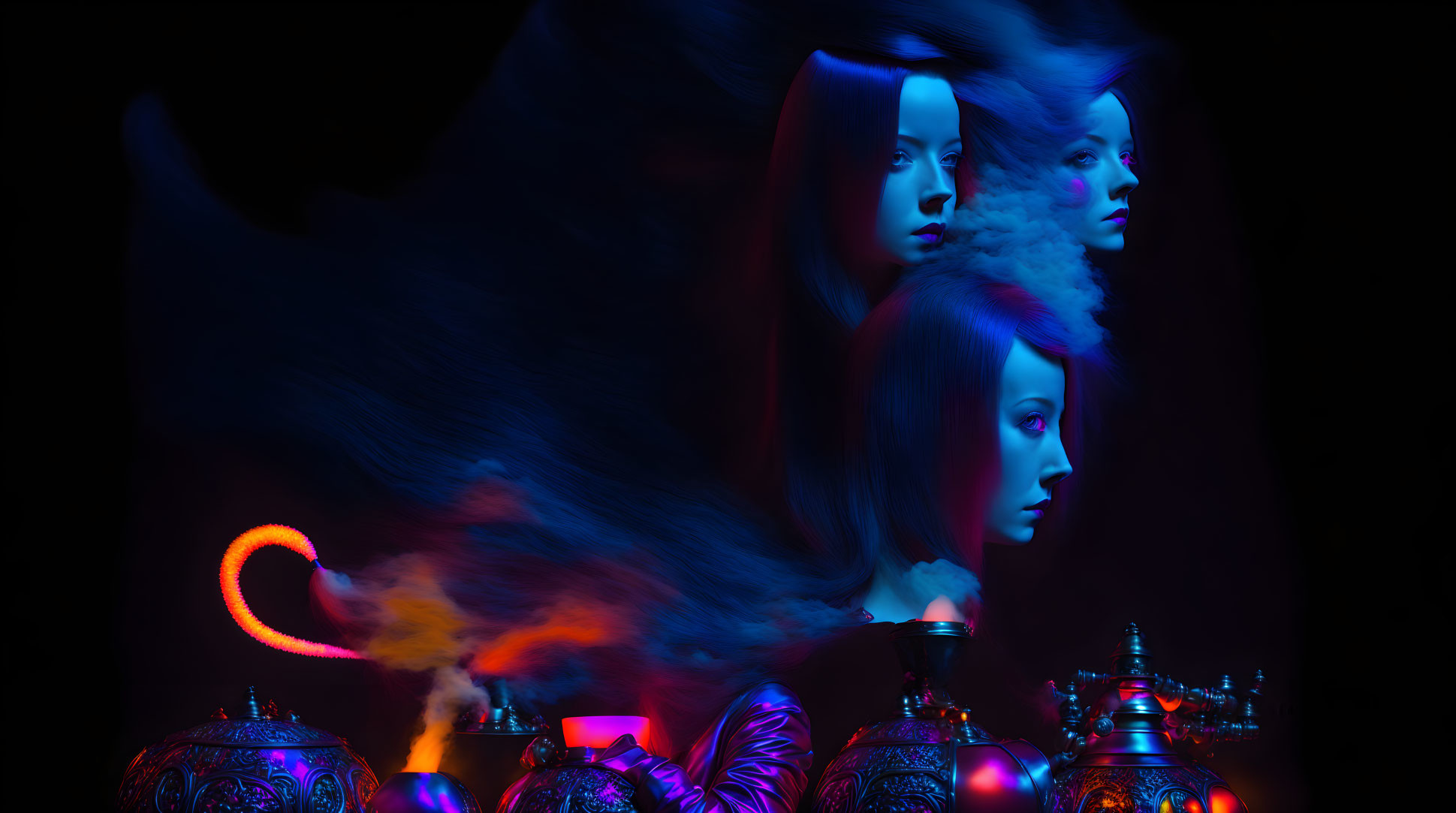 Colorful lighting illuminates female faces in abstract smoke with ornate metallic pots.