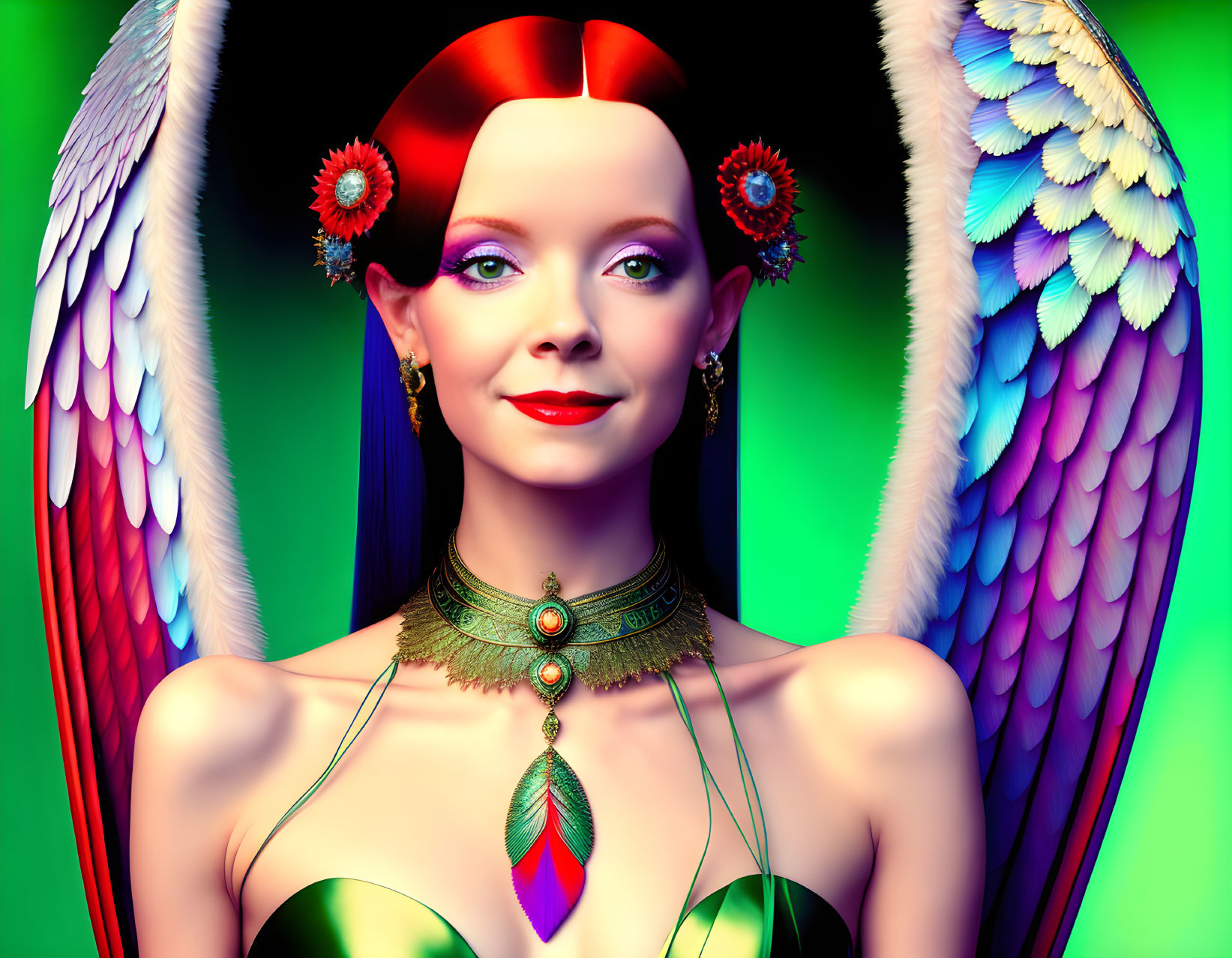 Vibrant digital artwork of a woman with angel wings and red hairband