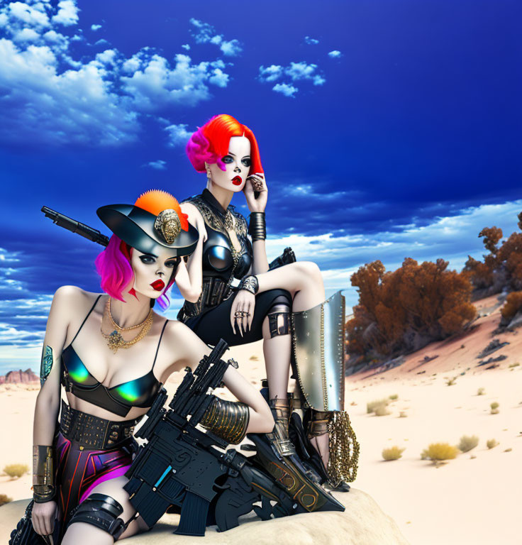 Futuristic women with vibrant hair and weapons in desert setting