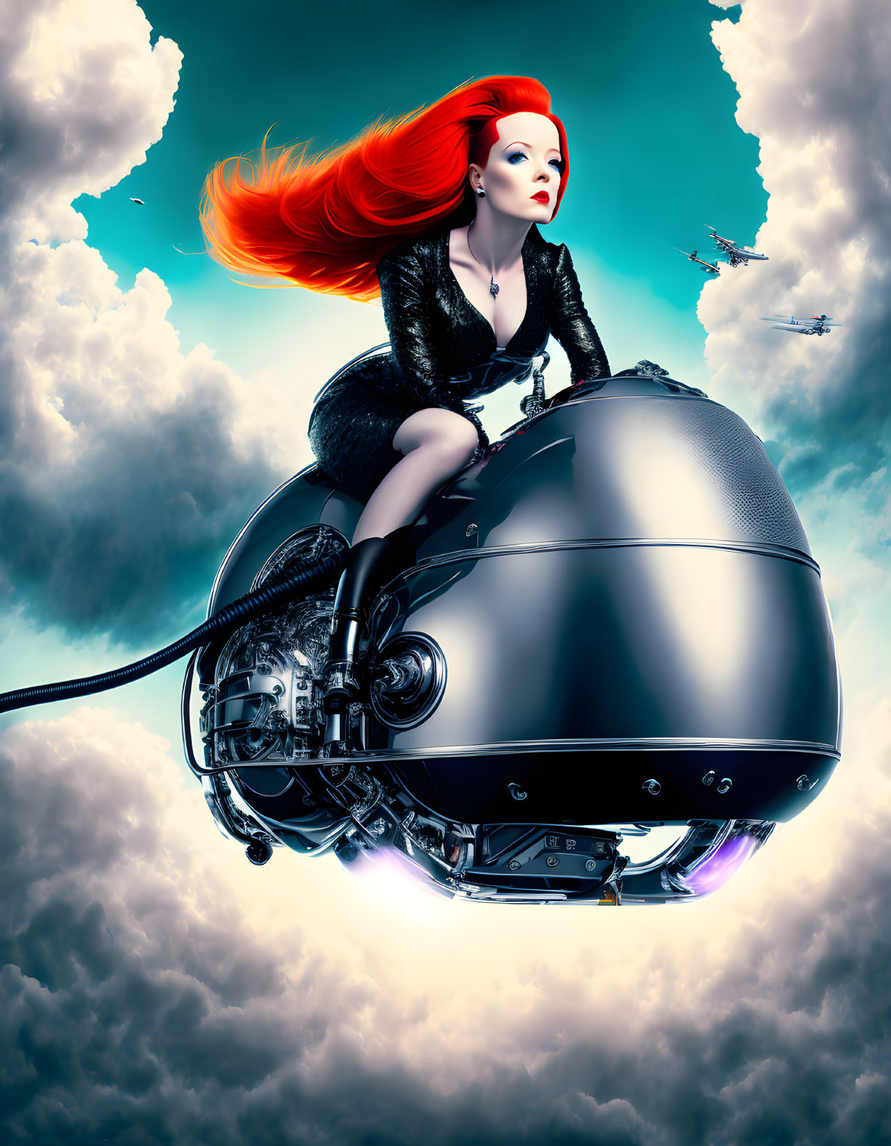 Red-haired woman on spherical motorcycle in sky with plane