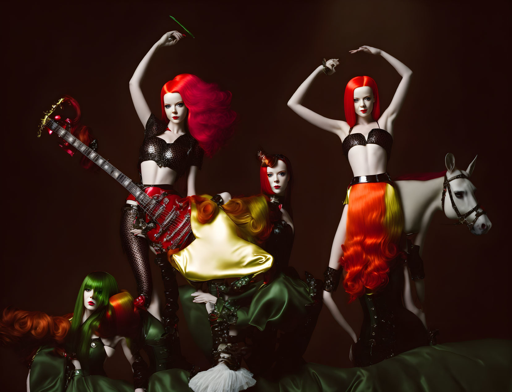 Vibrant photo of four stylized female figures with colorful hair and bold makeup, posing with a
