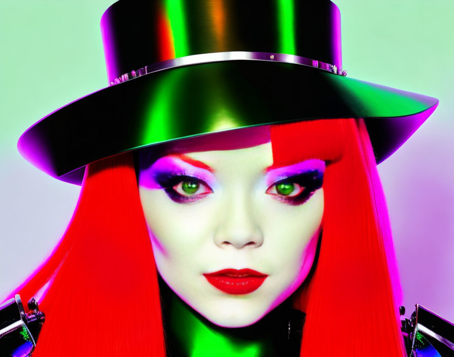 Colorful Portrait with Red Hair and Top Hat on Gradient Background