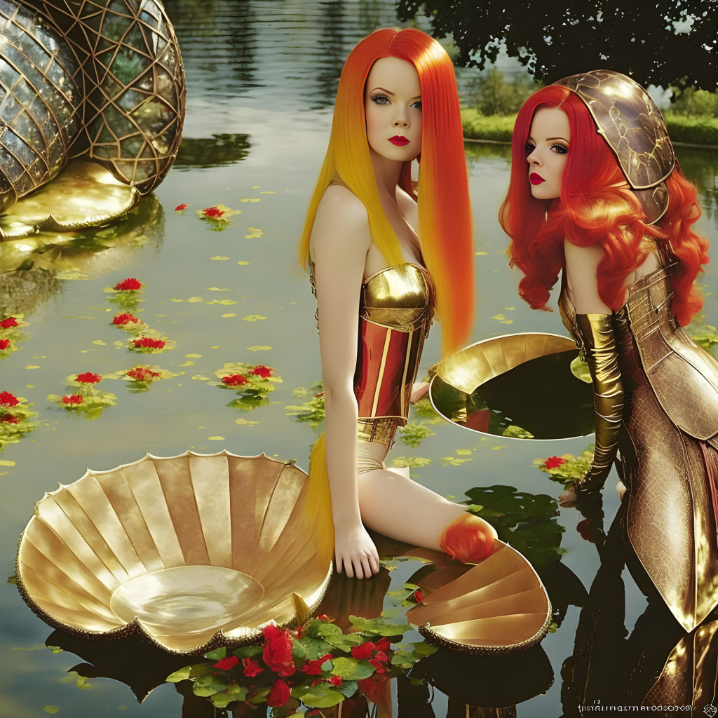 Stylized women with red hair in golden outfits in fantastical pond setting