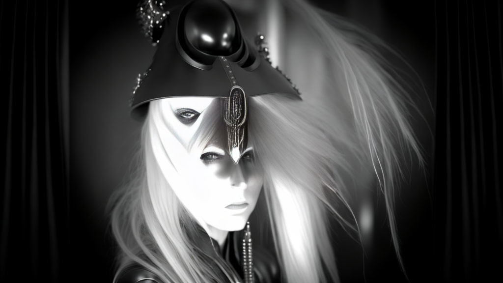 Monochrome artistic portrayal of character with flowing hair and decorated helmet.