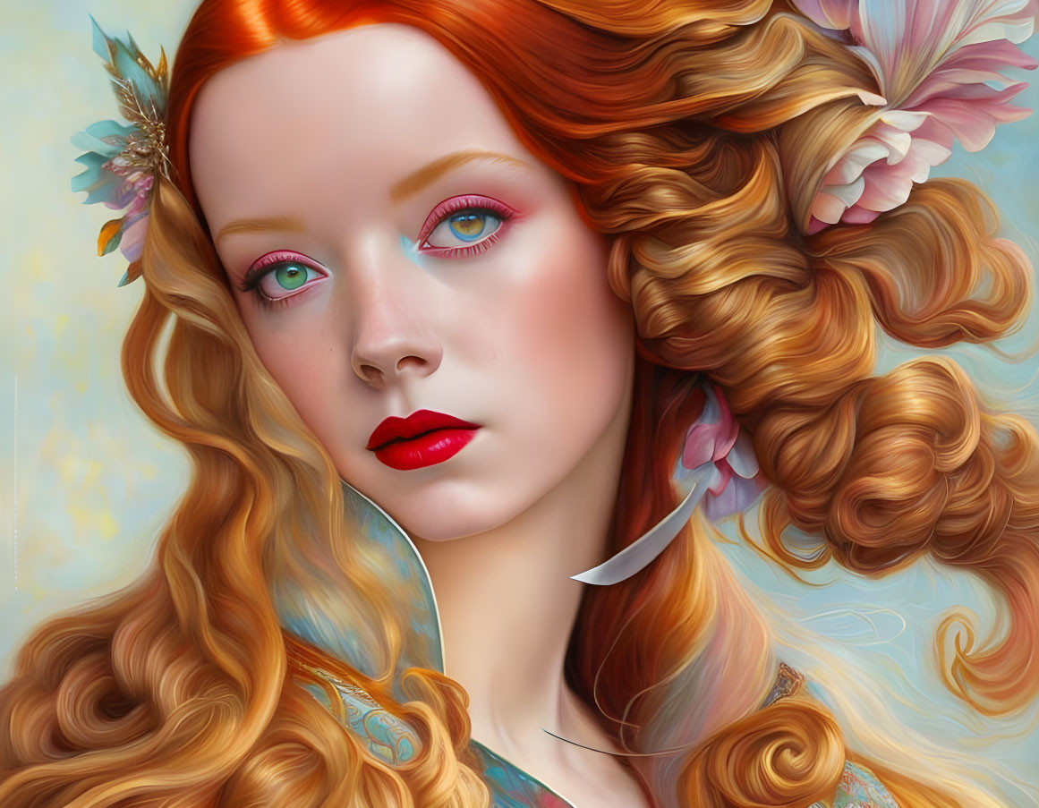 Portrait of woman with long red hair, blue eyes, red lipstick, and pink flowers.