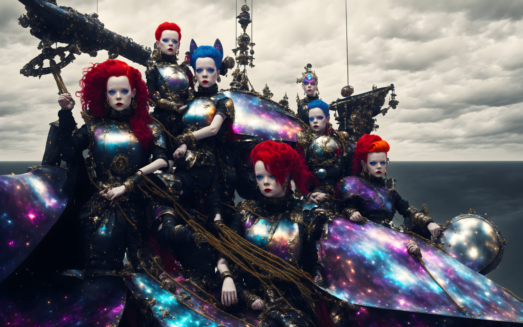 Futuristic cosmic-themed characters with dramatic sky background