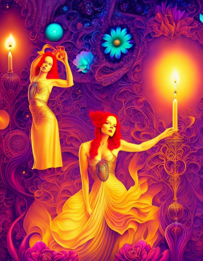 Red-Haired Women in Golden Dresses with Candles on Psychedelic Background