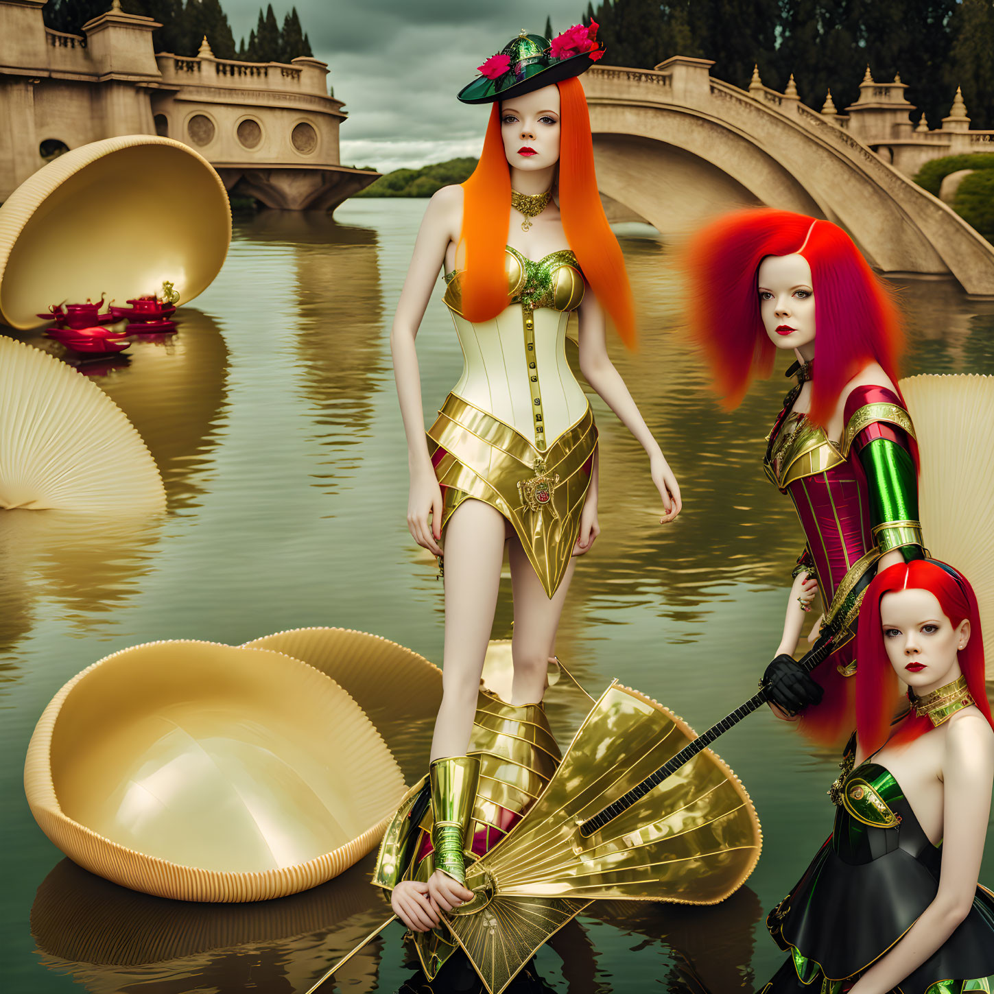 Three futuristic women with vivid hair and metallic outfits near waterway with golden shells.