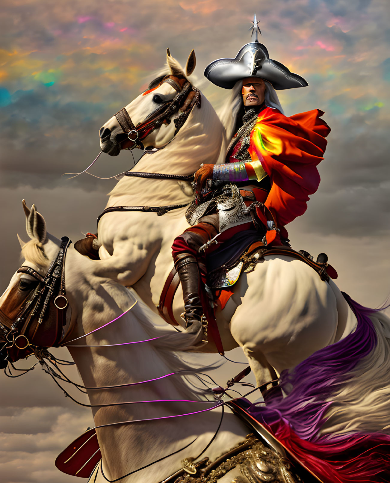 Elaborate Historical Costume Rider on White Horse under Iridescent Sky