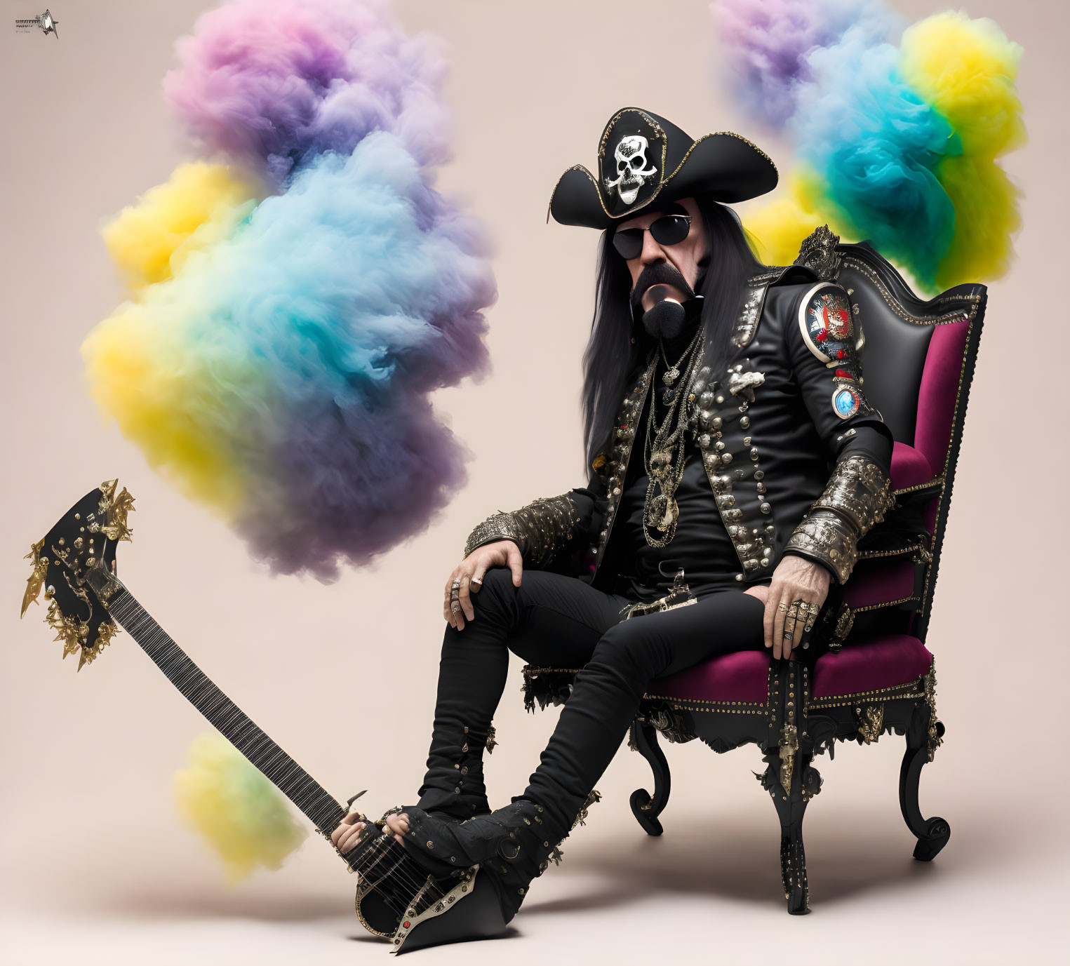 Pirate rocker with skull hat and guitar on purple chair in colorful smoke scene