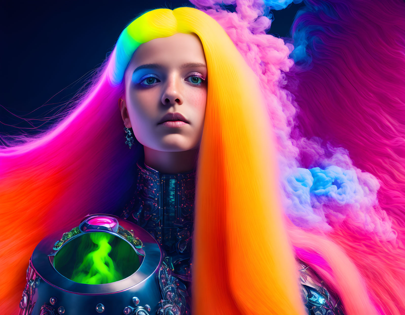 Vibrant neon-haired woman in futuristic armor on colorful smoke background