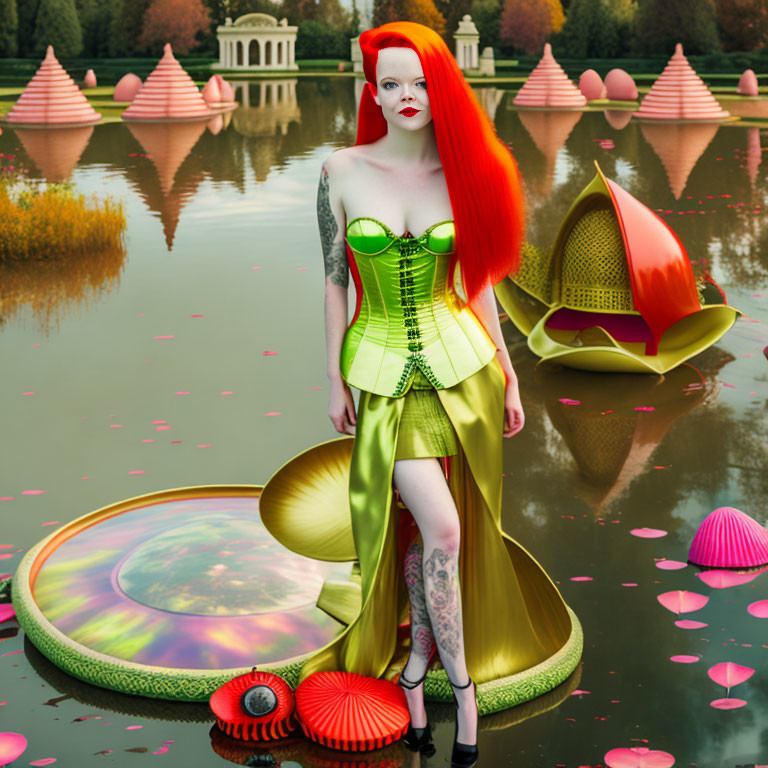 Red-haired woman with tattoos in surreal landscape with pink water and lotus flowers