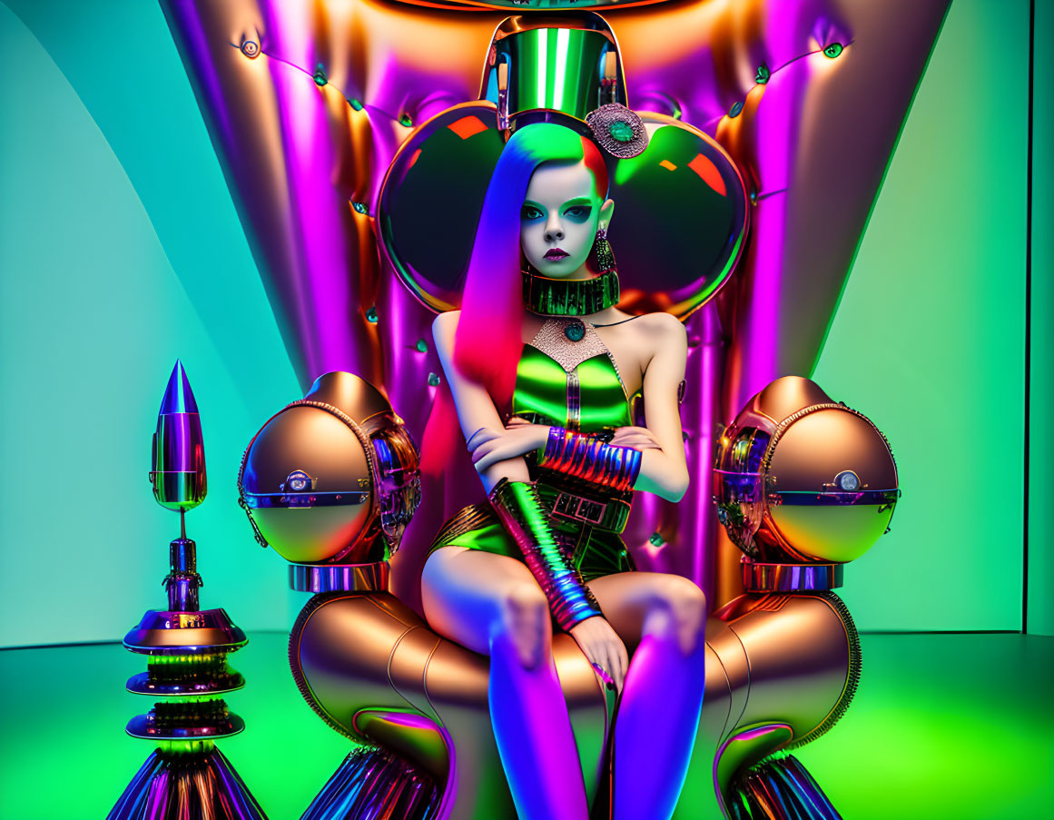 Violet-Haired Female Figure in Green Attire in Surreal Room
