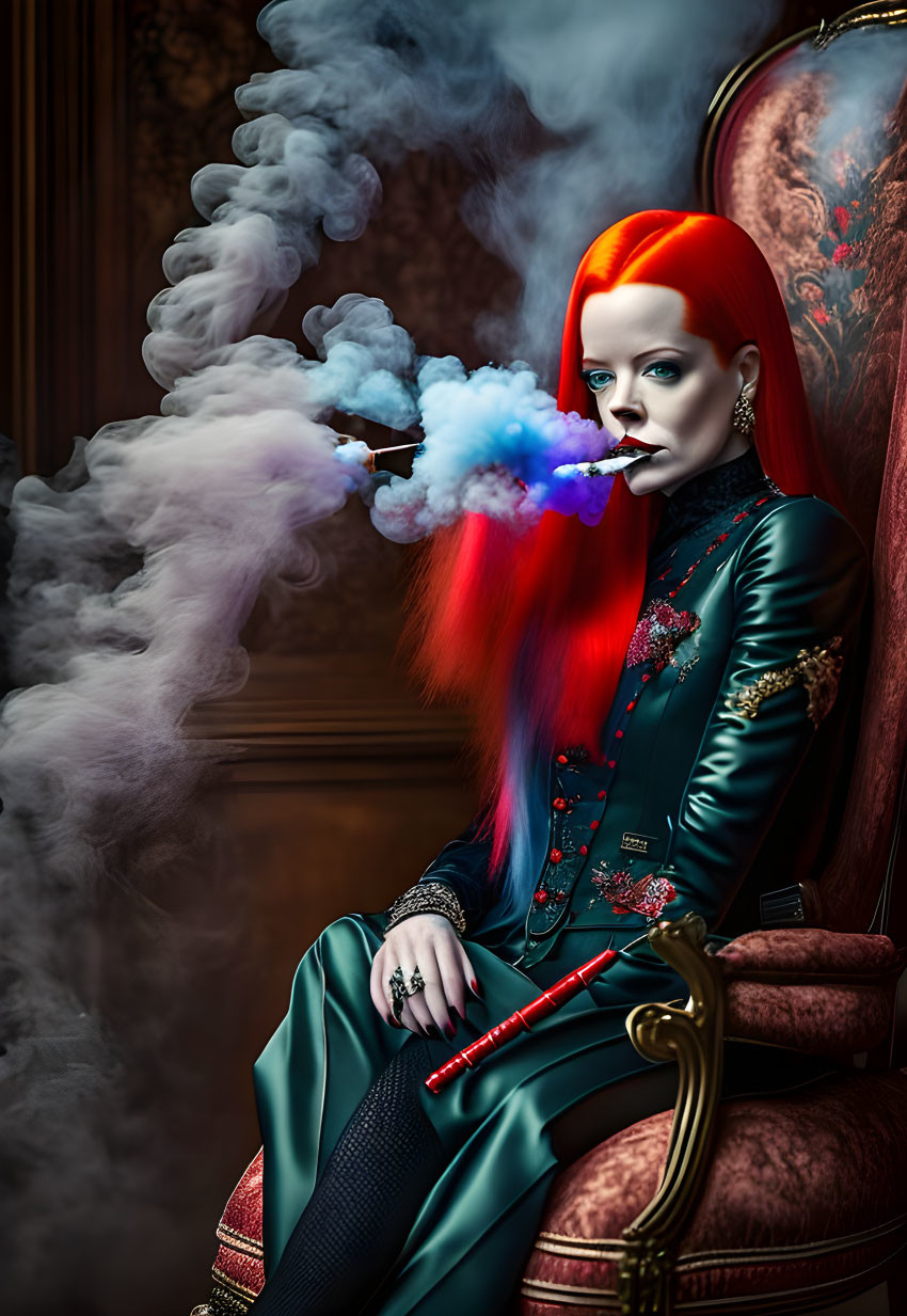 Red-haired woman exhales colorful smoke in ornate chair wearing green leather jacket