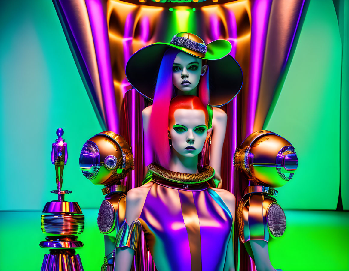 Futuristic female models in avant-garde outfits in neon-lit room