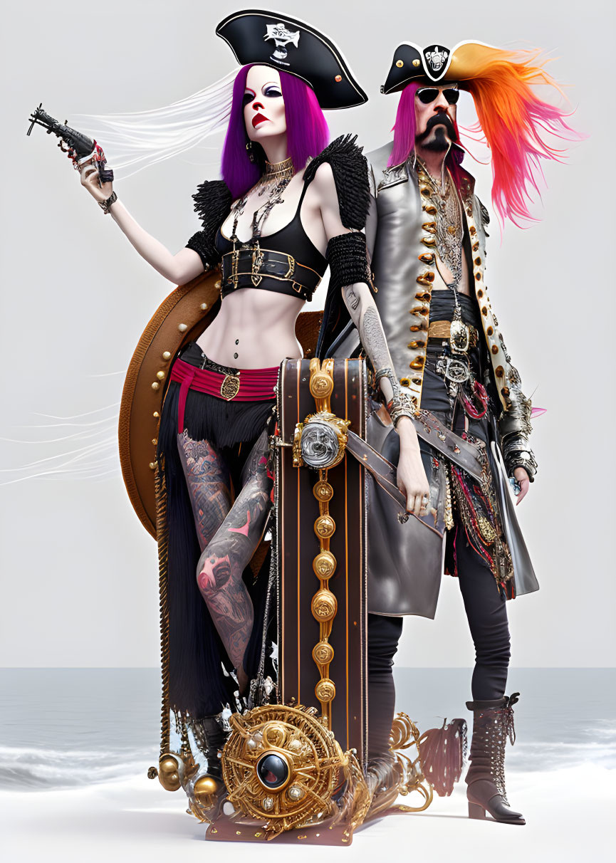 Colorful fantasy pirate costumes with guitar and cane pose.