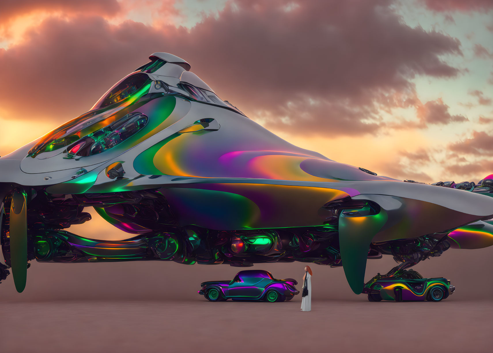 Iridescent spaceship, person, car, and bike in futuristic scene