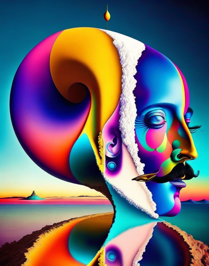 Colorful surrealist portrait with mustached face and ocean sunset background